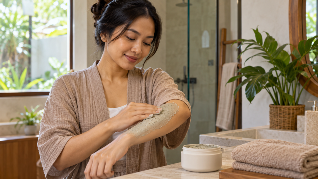 Body mask dioleskan pada lengan bawah sebagai perawatan kulit tubuh
