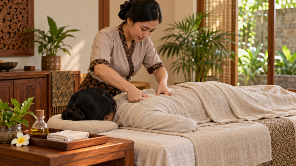 Terapis melakukan Javanese massage dengan tekanan jari pada punggung klien yang tertutup kain.