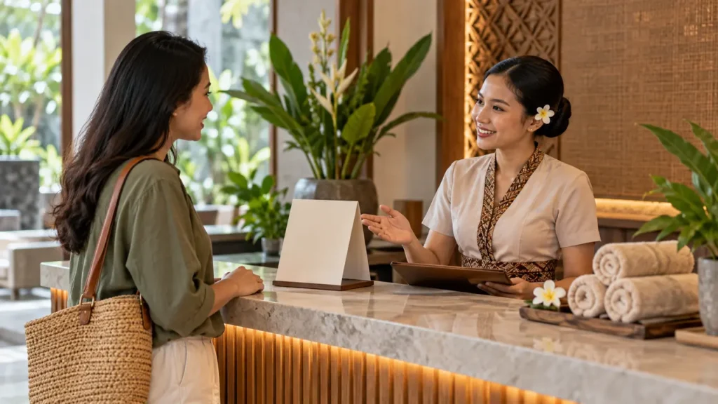 Pertama kali ke spa, pengunjung berkonsultasi dengan resepsionis sebelum memilih perawatan.