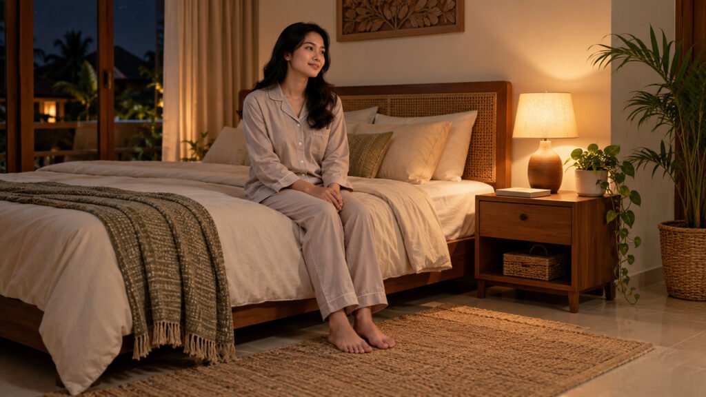 Orang dewasa Indonesia melakukan relaksasi sebelum tidur di kamar yang nyaman.