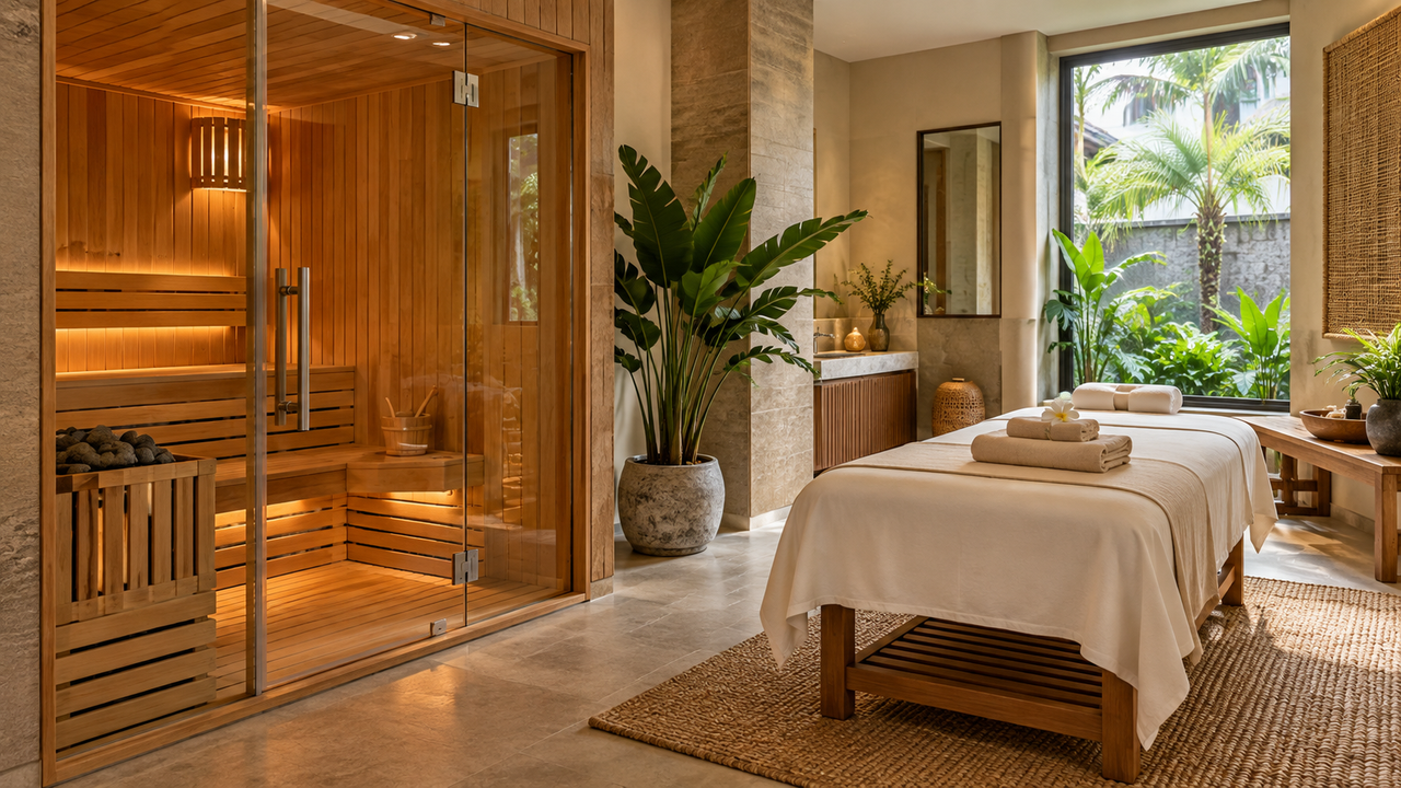 Spa dengan sauna di Jakarta, menampilkan ruang sauna kayu dan area perawatan yang tertata rapi.