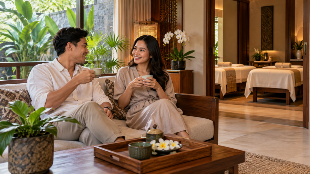 Dua orang dewasa Indonesia menunggu perawatan spa pasangan di Jakarta.