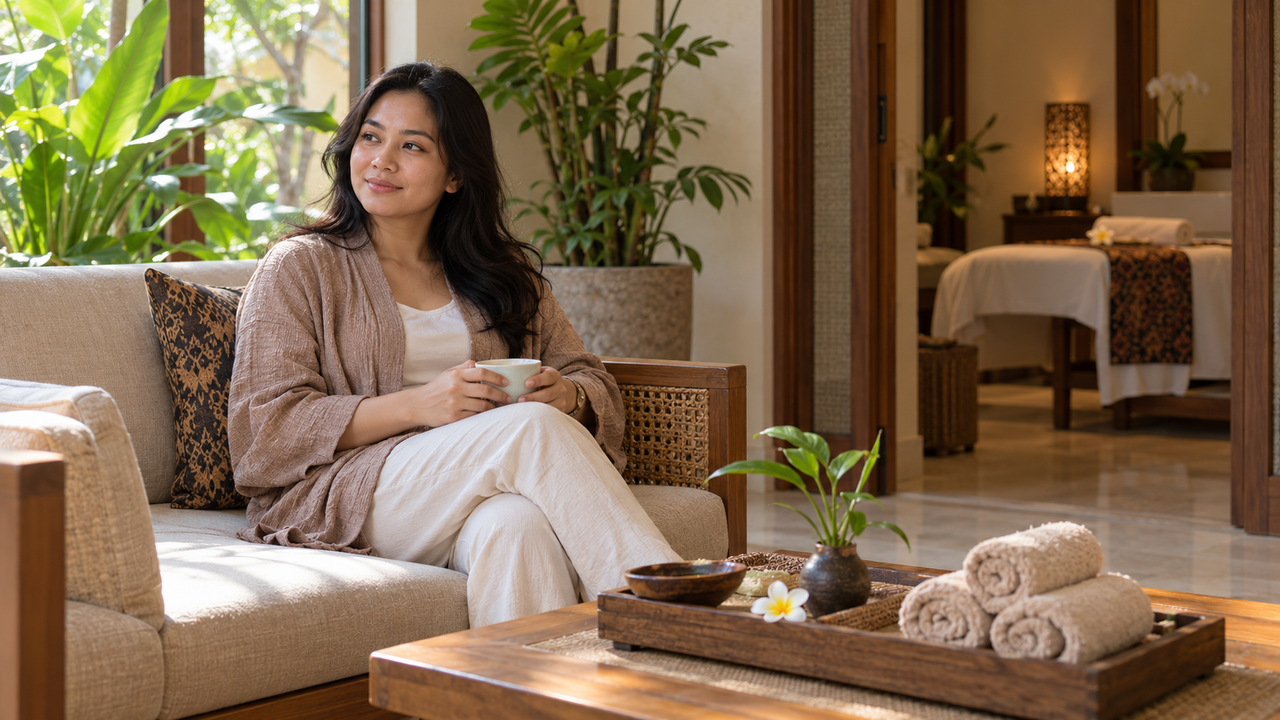 Perempuan Indonesia duduk di ruang tunggu spa wanita di Jakarta dengan ruang perawatan privat di belakang.