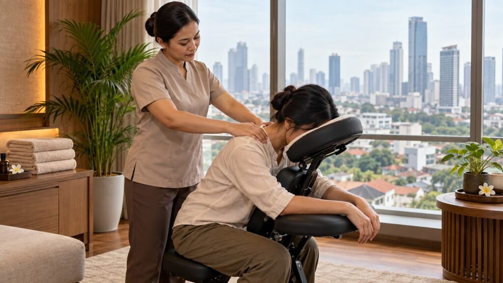 Ilustrasi tempat massage di Jakarta dengan terapis memijat bahu pengunjung dewasa yang berpakaian lengkap.