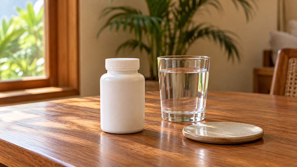 Ilustrasi artikel Wellness Cal Mag Zinc dengan botol suplemen generik dan segelas air.