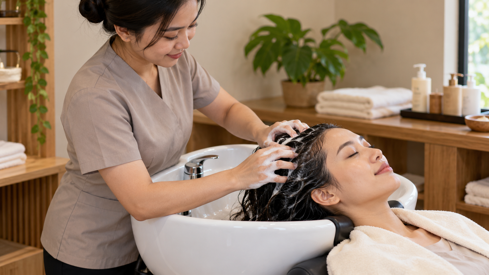 Peragaan scalp detox dengan pembersihan lembut pada kulit kepala pelanggan dewasa