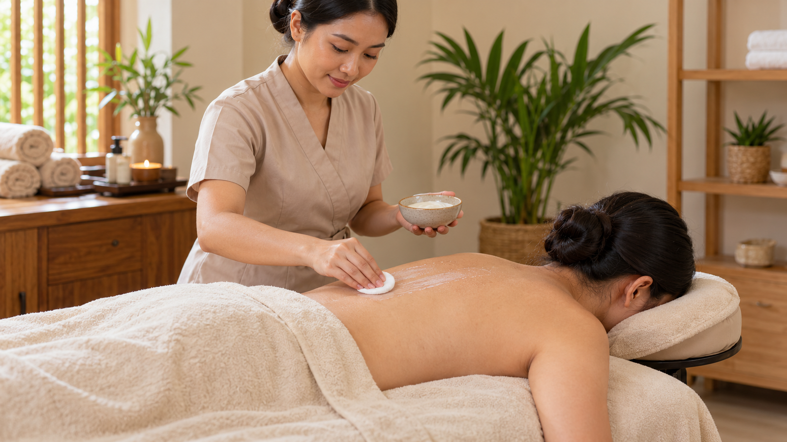 Back facial dengan pembersihan lembut pada kulit punggung menggunakan kapas kosmetik oleh terapis.