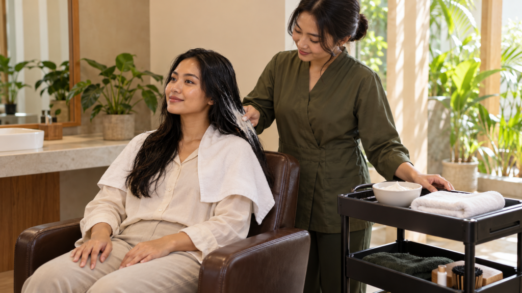 Hair spa dengan pengolesan masker pada rambut klien di ruang perawatan yang bersih.