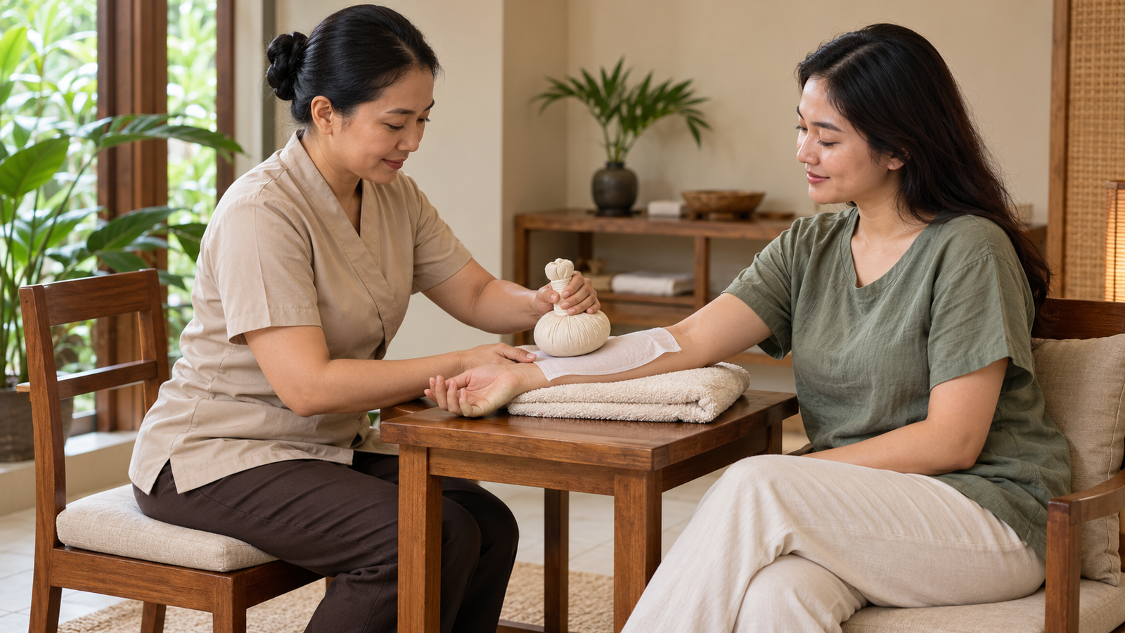 Terapis melakukan herbal compress massage dengan bola kompres herbal pada lengan pelanggan.