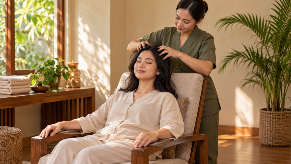 Sesi head massage dengan sentuhan ringan pada kulit kepala klien dewasa yang duduk bersandar.