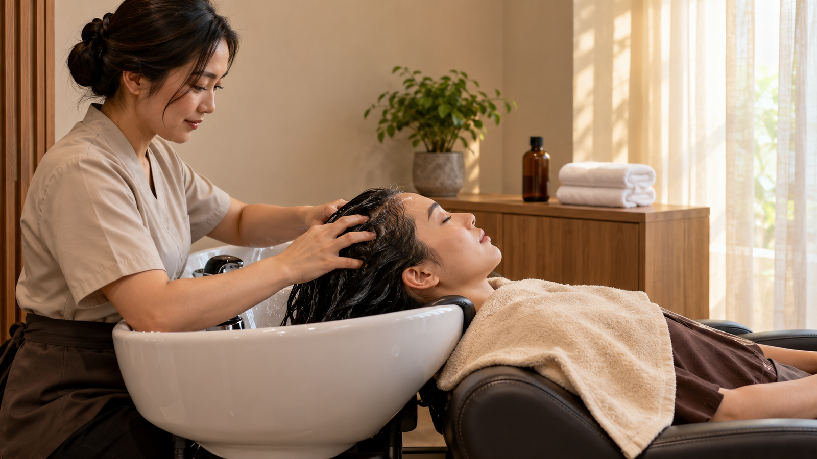 Ilustrasi scalp spa dengan pijatan lembut pada kulit kepala di ruang perawatan yang bersih.