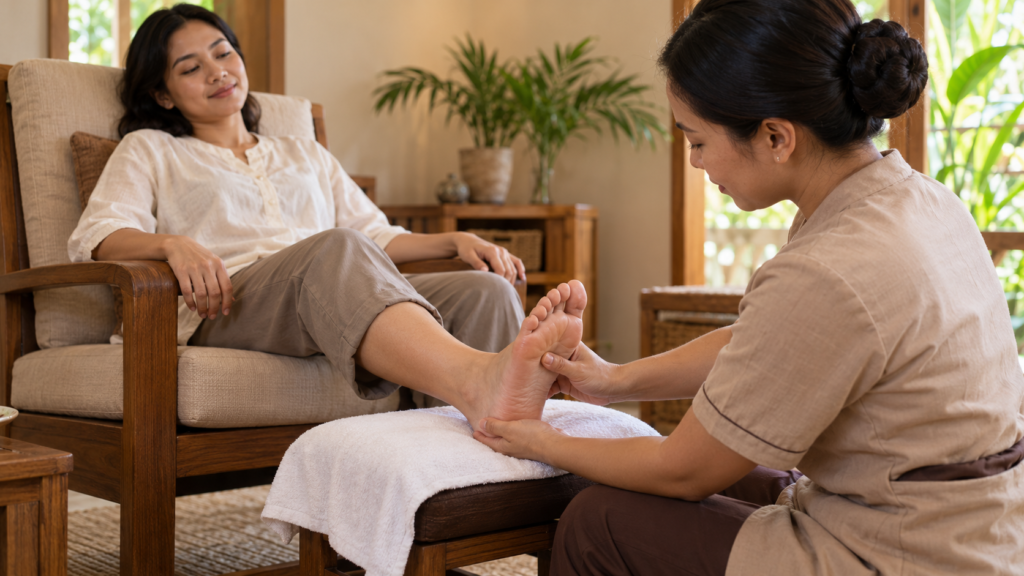 Terapis melakukan foot reflexology dengan tekanan lembut pada telapak kaki klien dewasa.