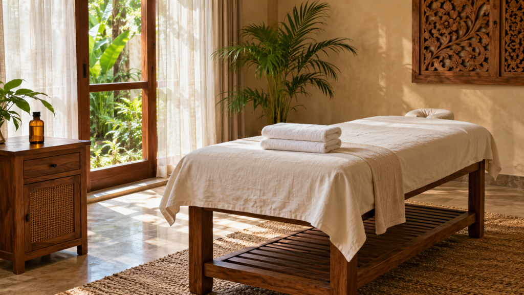 Ilustrasi ruang perawatan profesional untuk panduan spa plus jogja dengan linen bersih dan furnitur kayu.