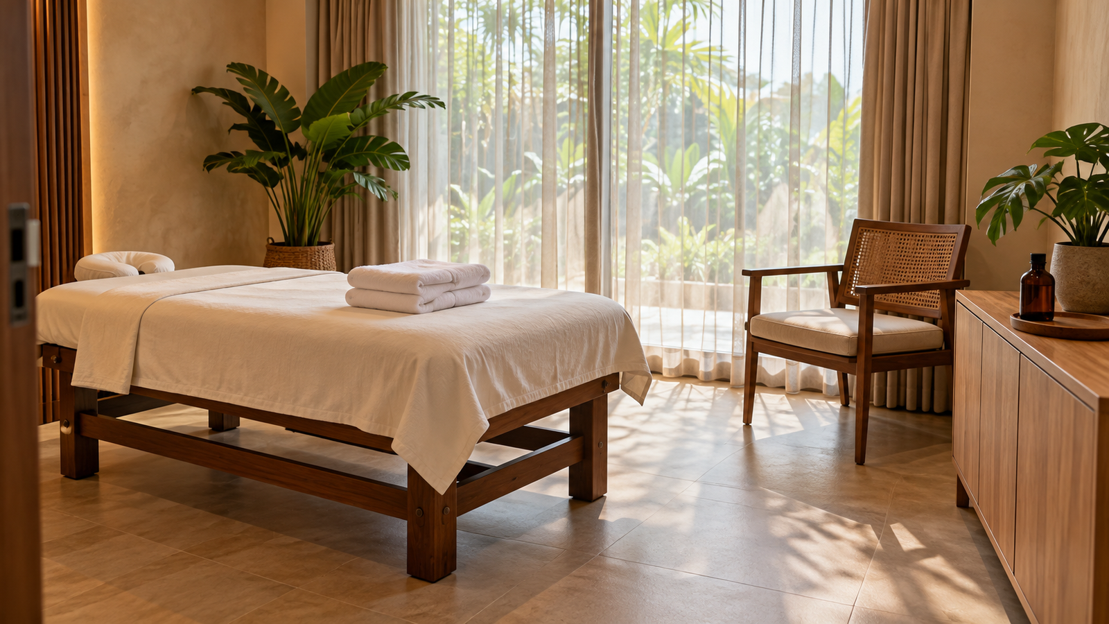 Ilustrasi ruang perawatan men's spa Bandung dengan tempat pijat berlinen krem dan kursi konsultasi.