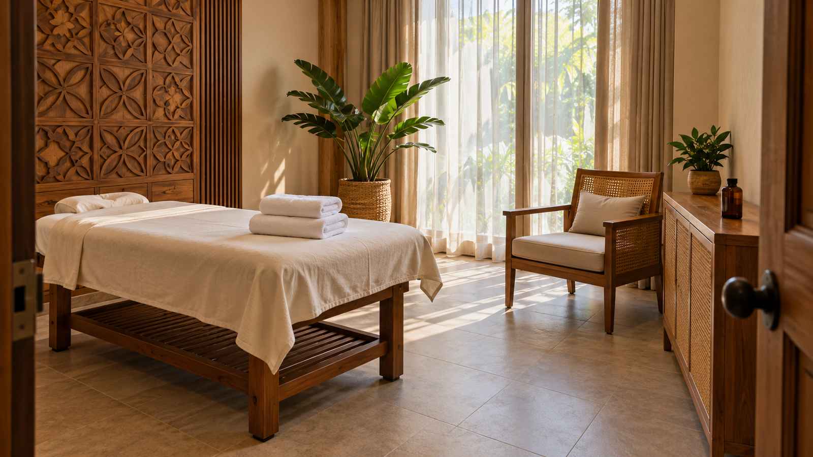 Ilustrasi ruang spa di Solo dengan tempat pijat, linen krem bersih, dan furnitur kayu.