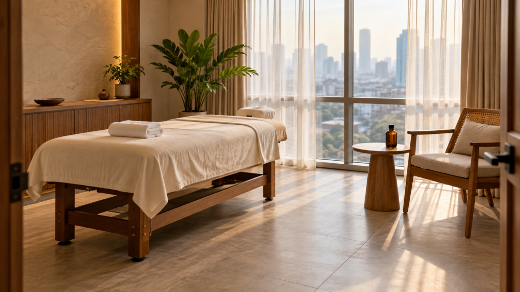 Ilustrasi ruang spa di Jakarta dengan tempat pijat bersih, kursi konsultasi, dan cahaya alami.