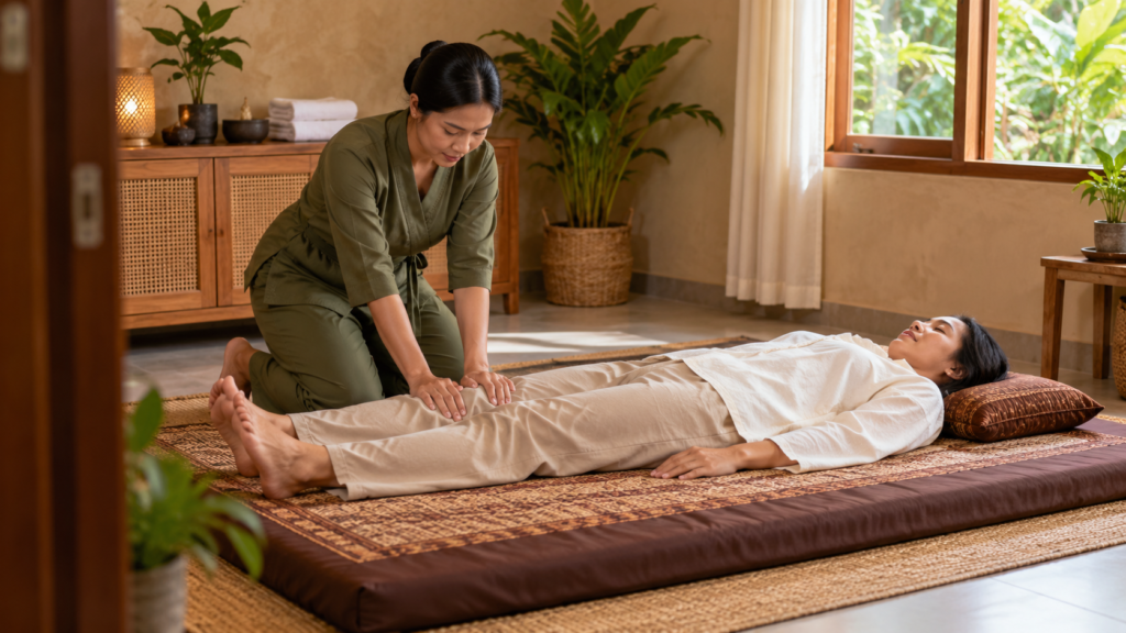 Thai massage dengan tekanan ringan pada betis di atas matras.