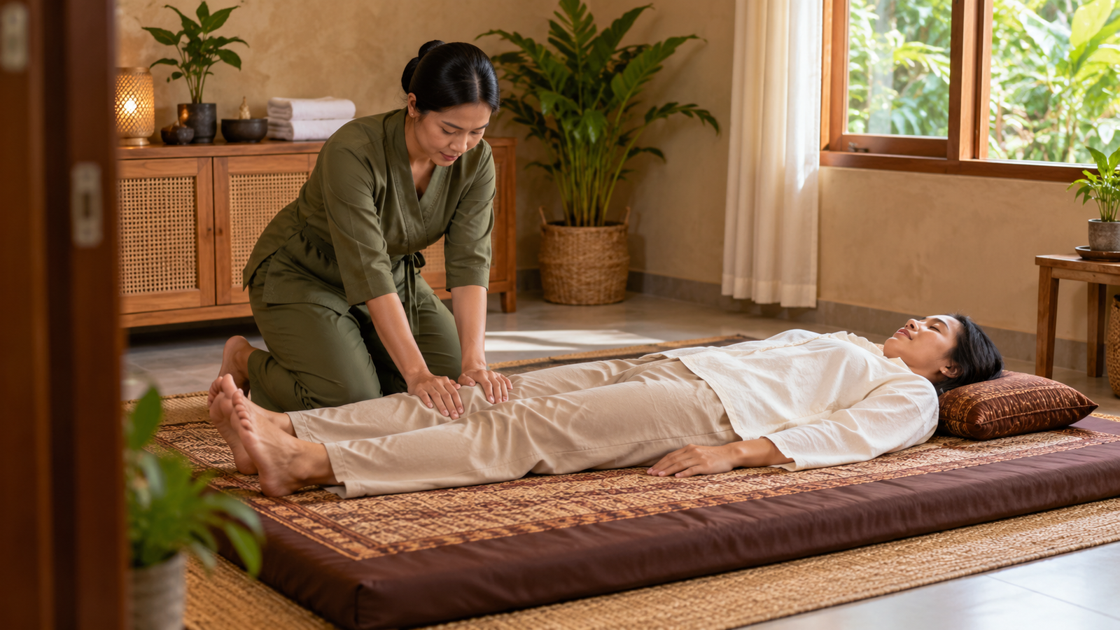 Thai massage dengan tekanan ringan pada betis di atas matras.