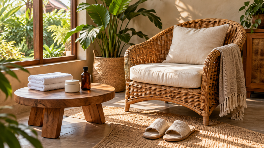 Perlengkapan home spa di rumah dengan handuk bersih dan pelembap di meja kayu.
