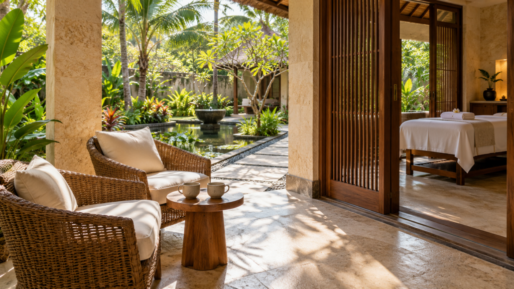 Area relaksasi spa tropis untuk panduan best spa in Bali dengan ruang perawatan privat.