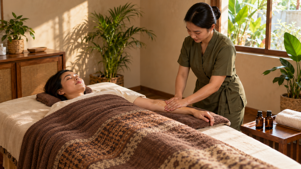 Aromatherapy massage profesional pada lengan klien dewasa di ruang pijat yang bersih.