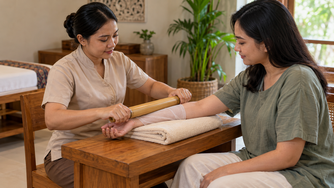 Demonstrasi bamboo massage pada lengan pelanggan di ruang spa yang higienis.
