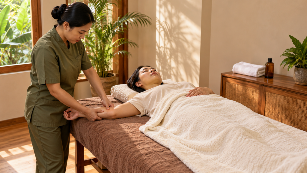 Ilustrasi deep tissue massage pada otot lengan bawah di ruang pijat profesional.