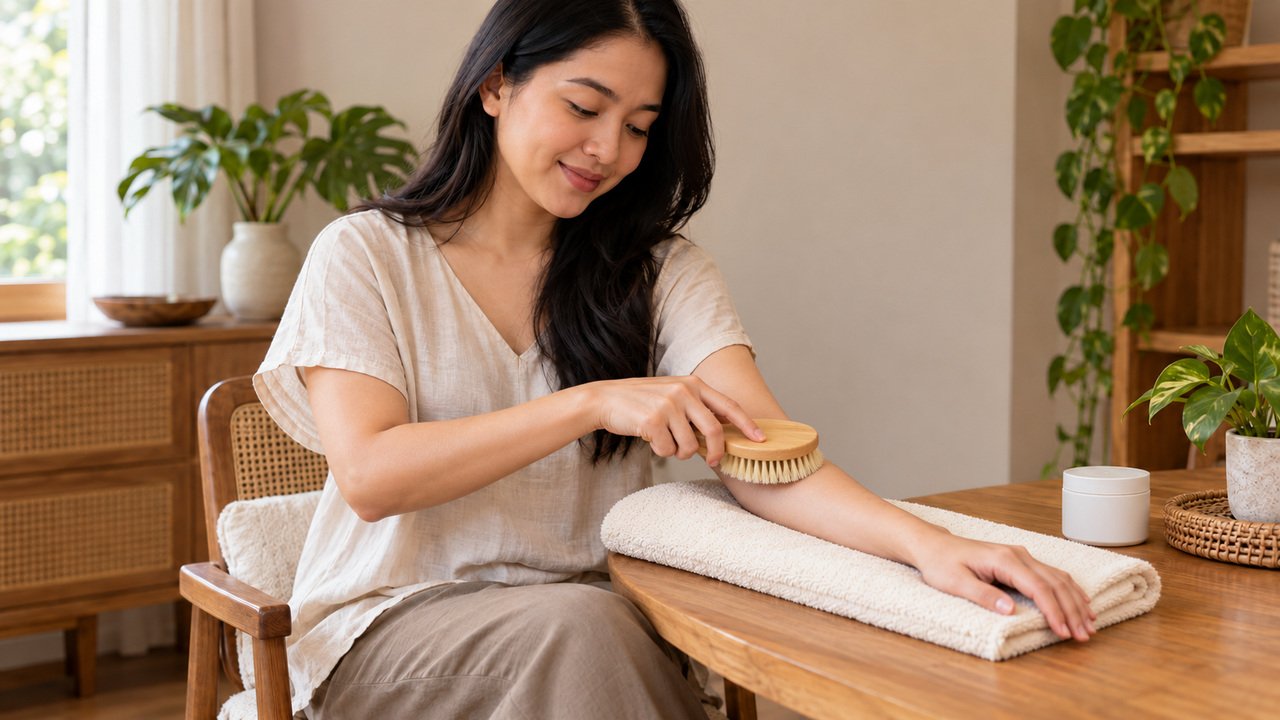 Perempuan mempraktikkan dry brushing dengan sapuan lembut pada lengan bawah yang kering.