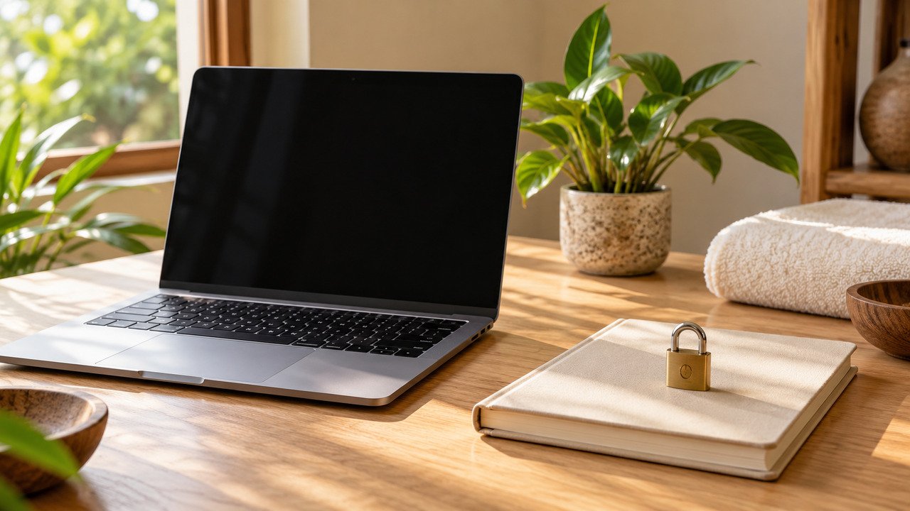 Gambar Privacy Policy deltaspa.id dengan laptop, buku catatan tertutup, dan gembok di meja kayu.