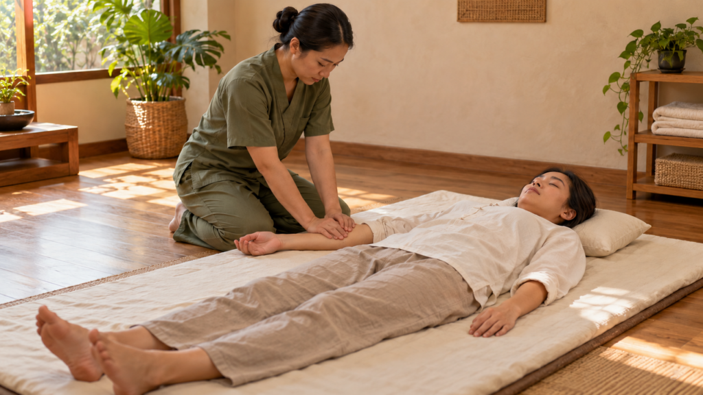 Shiatsu massage dengan tekanan lembut pada lengan klien berpakaian lengkap.
