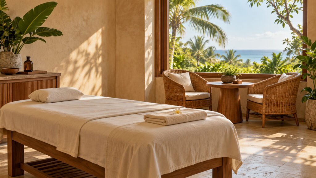 Ilustrasi spa di Nusa Dua dengan tempat pijat berlinen krem, furnitur kayu, dan taman tropis.