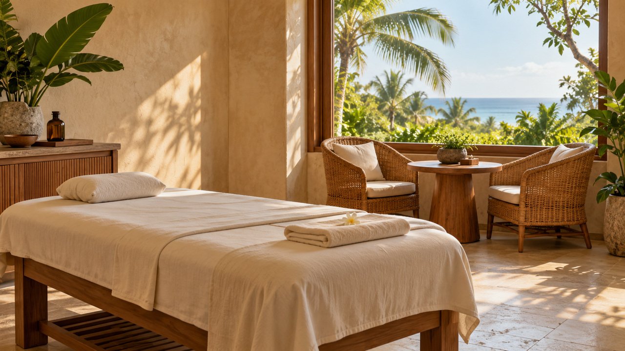 Ilustrasi spa di Nusa Dua dengan tempat pijat berlinen krem, furnitur kayu, dan taman tropis.
