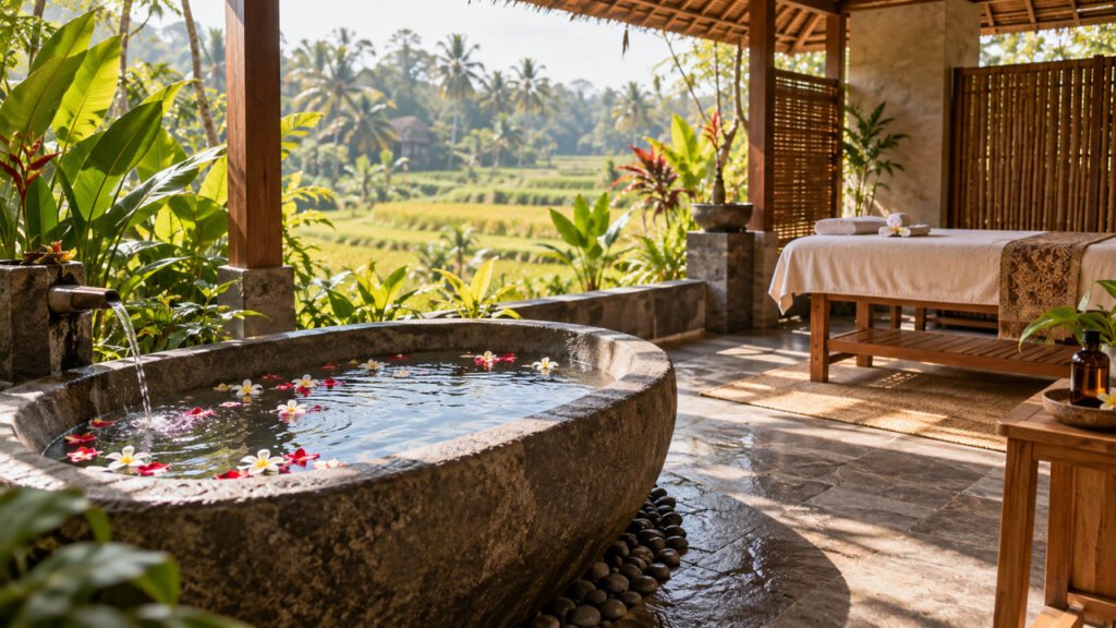 Ilustrasi spa di Ubud dengan bak mandi bunga, tempat pijat, dan taman tropis.