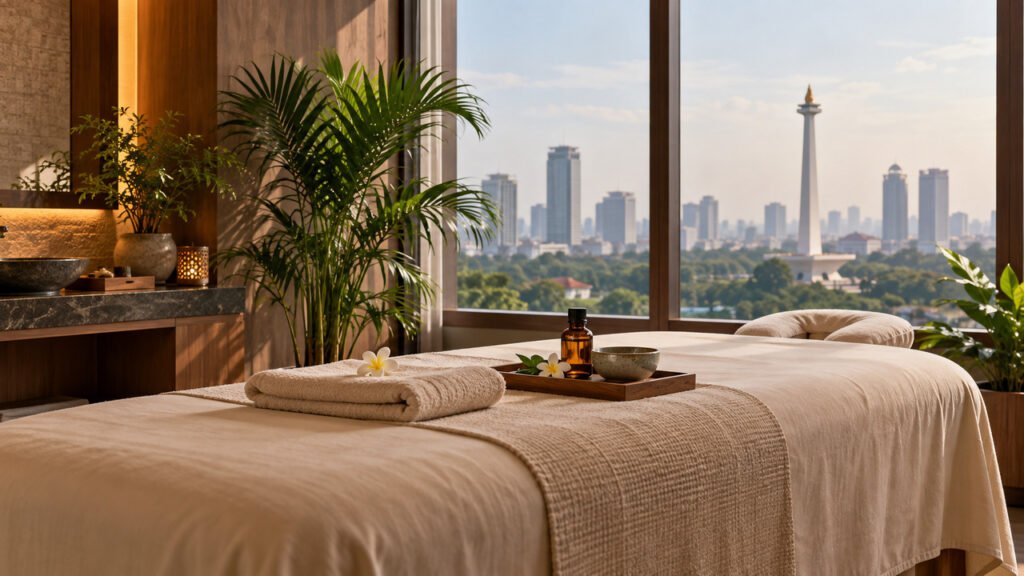 Ilustrasi ruang spa Jakarta Pusat dengan tempat tidur pijat, handuk bersih, dan siluet Monas di luar