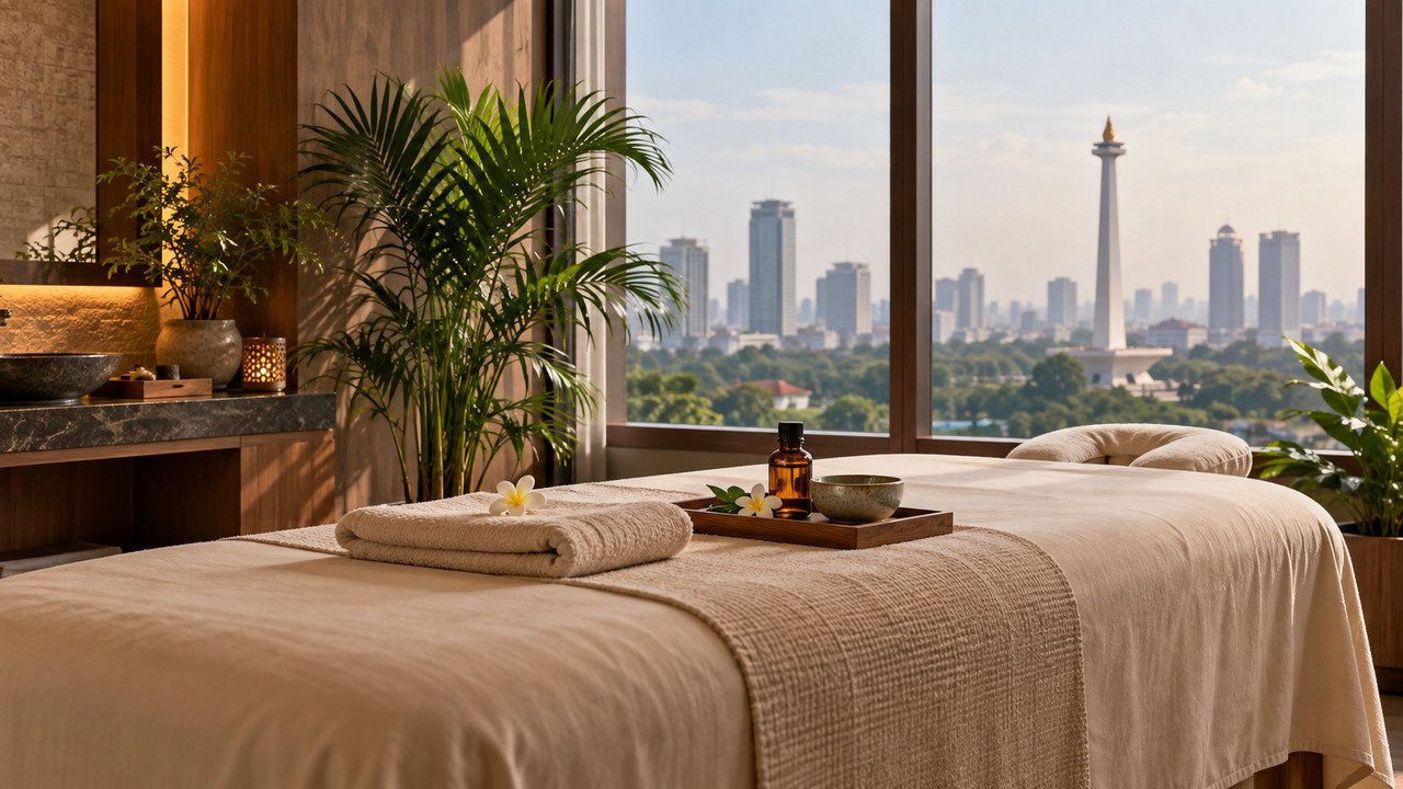 Ilustrasi ruang spa Jakarta Pusat dengan tempat tidur pijat, handuk bersih, dan siluet Monas di luar