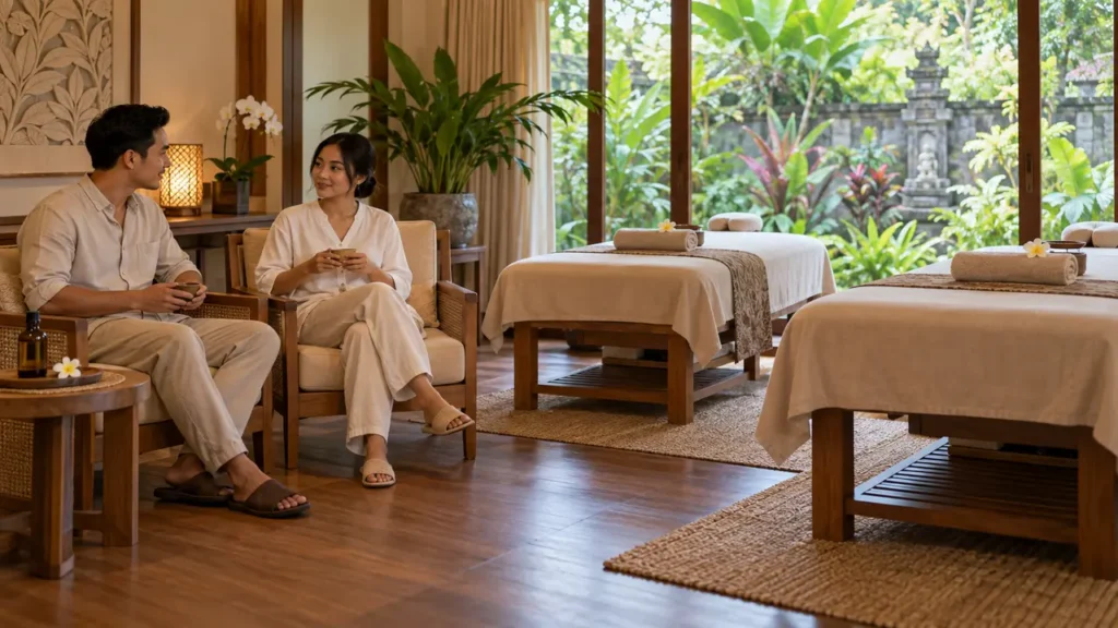 Dua pengunjung di ruang spa pasangan di Bali dengan dua tempat tidur perawatan.