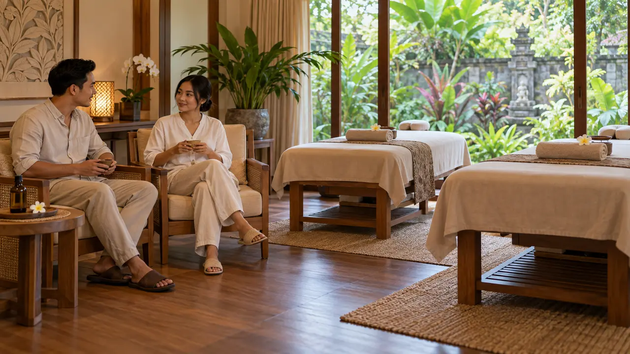 Dua pengunjung di ruang spa pasangan di Bali dengan dua tempat tidur perawatan.