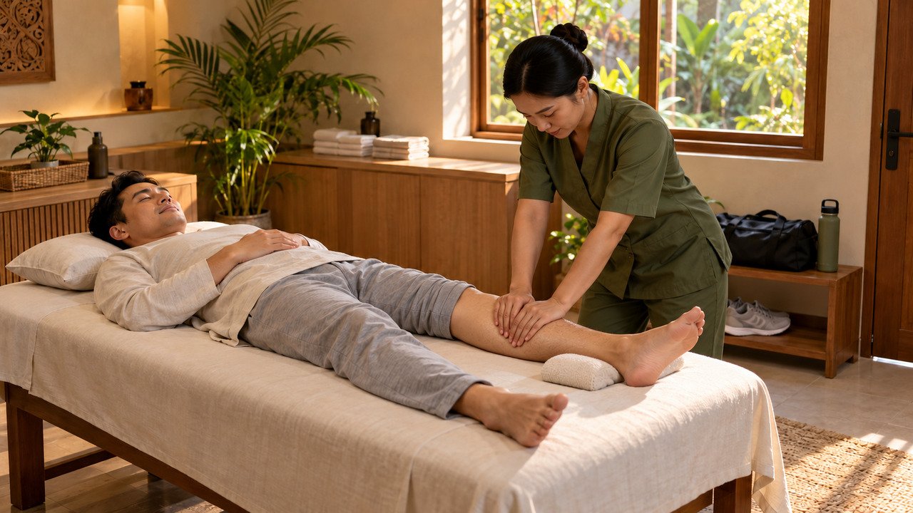 Sports massage pada otot betis oleh terapis profesional di ruang pijat yang bersih.