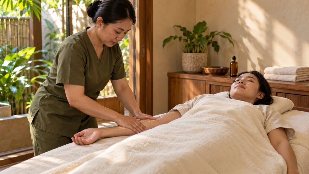 Swedish massage profesional dengan teknik usapan pada lengan bawah di ruang pijat yang bersih.