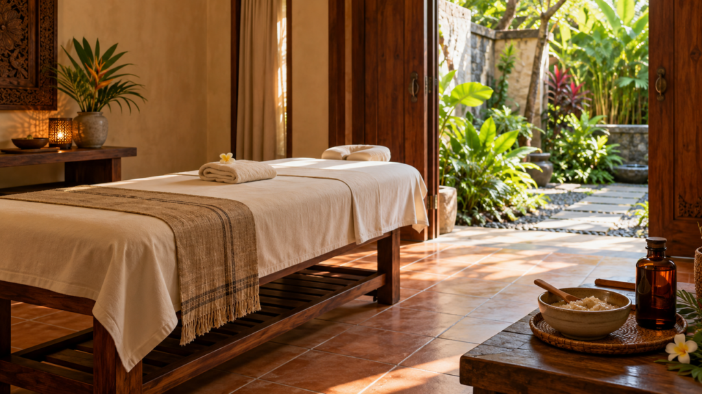 Ilustrasi ruang traditional spa Bali dengan tempat pijat, perlengkapan lulur, dan taman tropis.